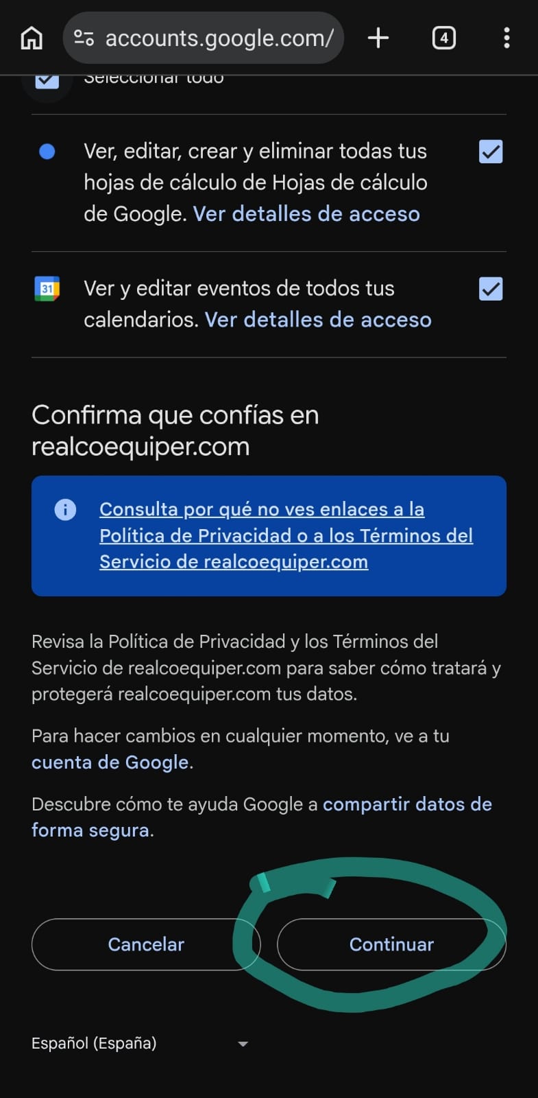 Confirmar y continuar