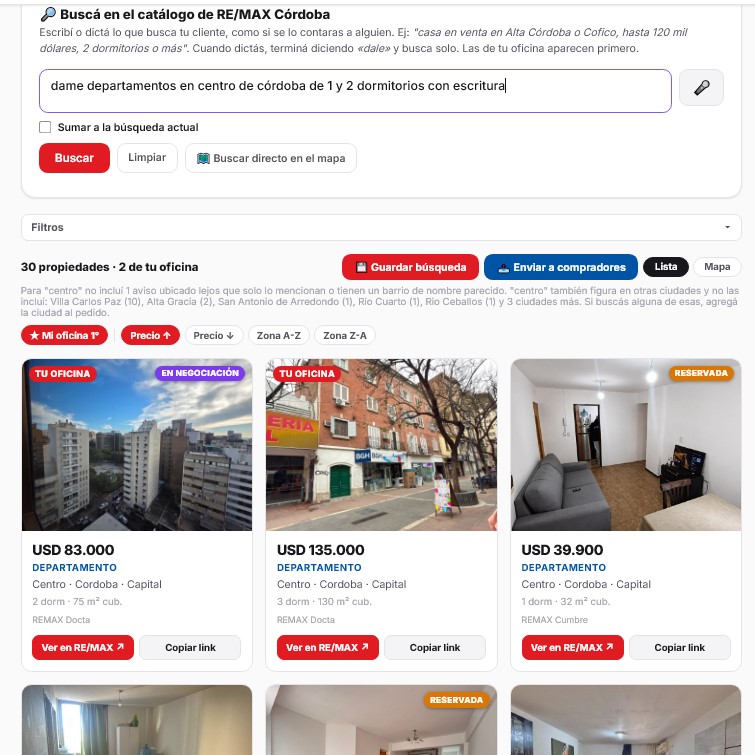 Búsqueda de propiedades por voz o texto en lenguaje natural, con resultados del catálogo listos para copiar el link o enviar a compradores