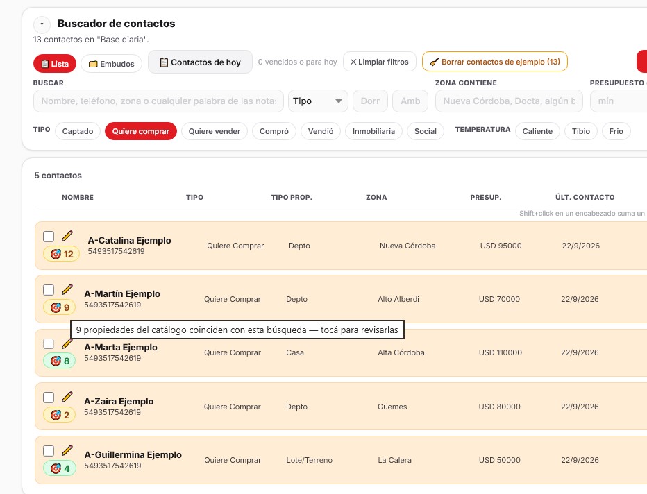 RealCRM con buscador de contactos, filtros por tipo, zona y presupuesto, y el badge de coincidencias del catálogo en cada comprador