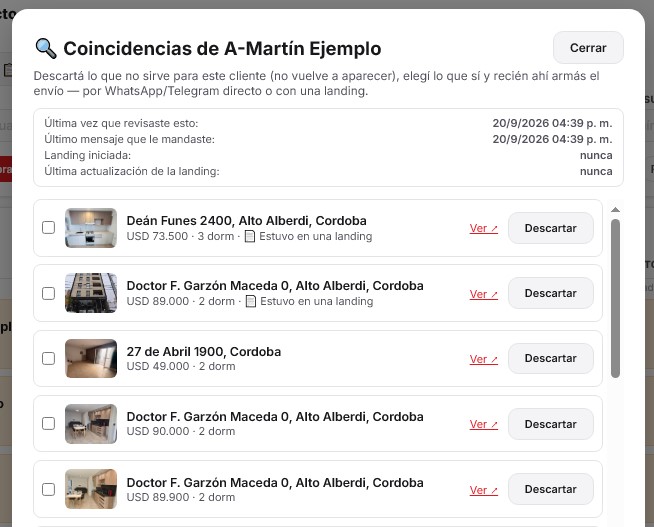 Modal de coincidencias del catálogo para un comprador, con lo ya visto marcado y opción de descartar o armar el envío por WhatsApp o Telegram