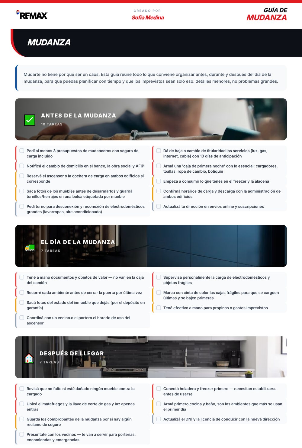 Guía de mudanza con checklist ilustrado y logo RE/MAX en el encabezado