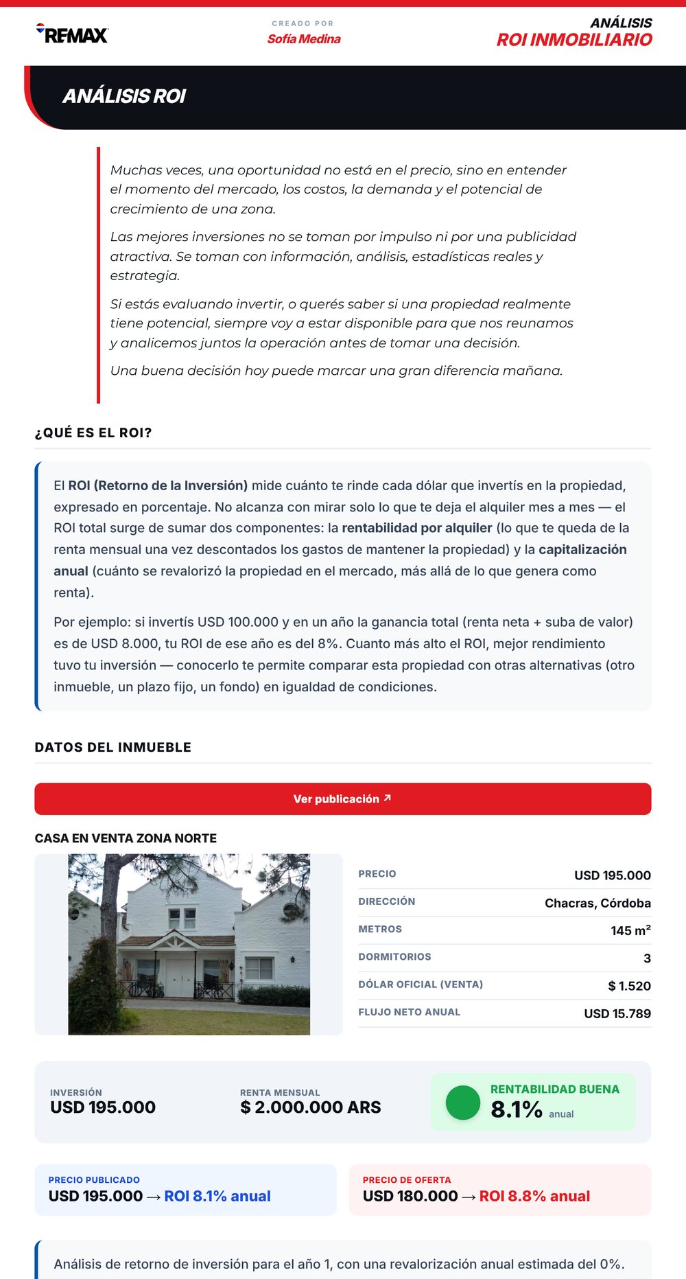Informe de retorno de inversión con logo RE/MAX, foto de la propiedad y semáforo de rentabilidad