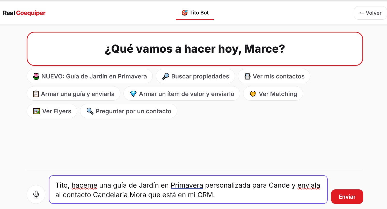 Tito Bot recibiendo el pedido de armar una guía personalizada y enviarla a un contacto del CRM